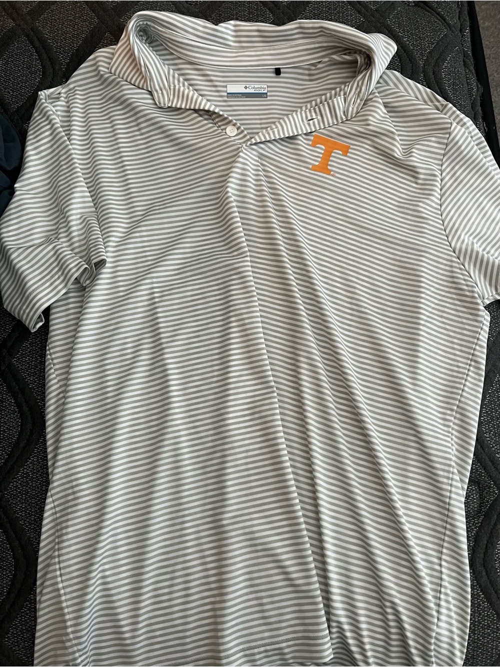 Columbia Gray and White Striped Polo with Orange 'T' Chest Logo